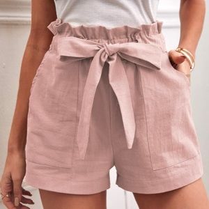 Pink High Paper Bag Waist Tie Belt Lined Casual Pull-On Shorts-Large